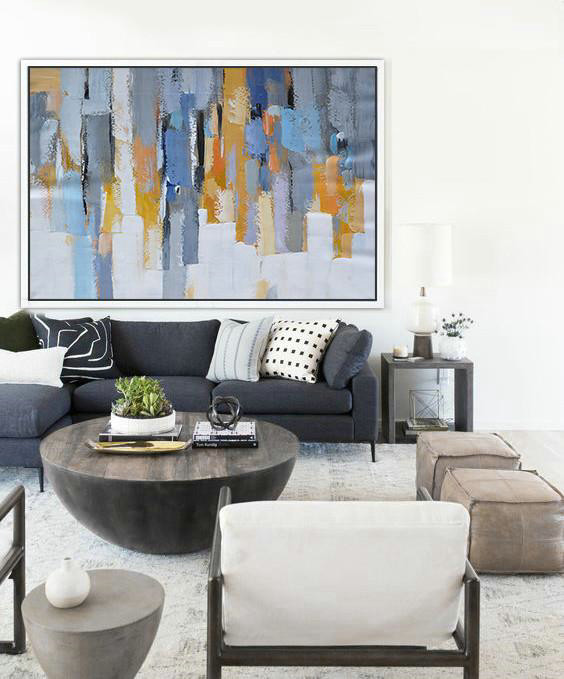 Large Contemporary Painting,Oversized Horizontal Contemporary Art,Large Canvas Wall Art For Sale,White,Grey,Blue,Yellow.Etc